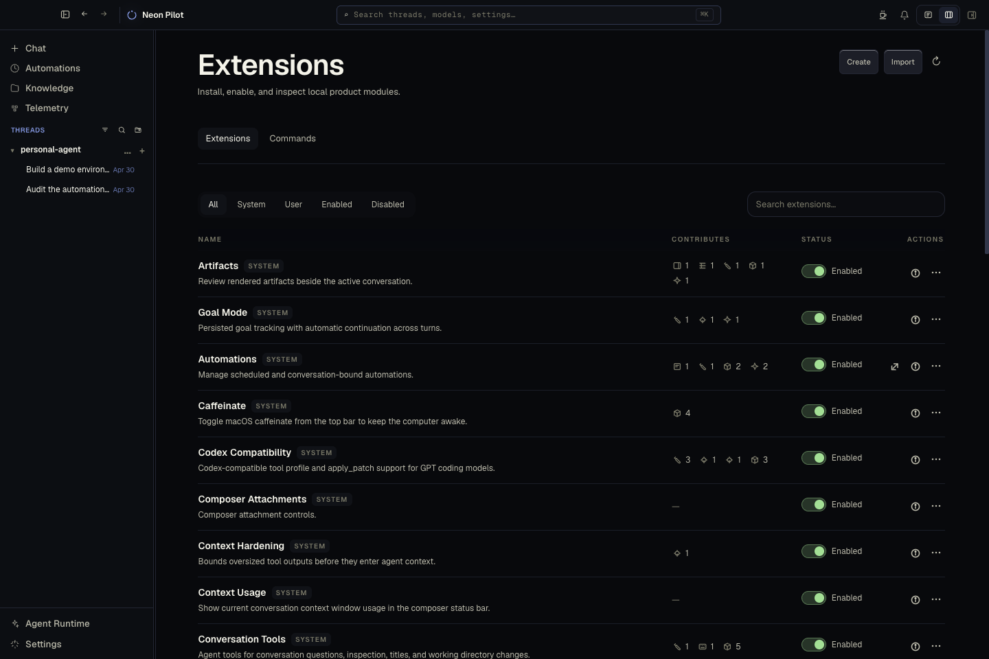 Extensions page in Neon Pilot.