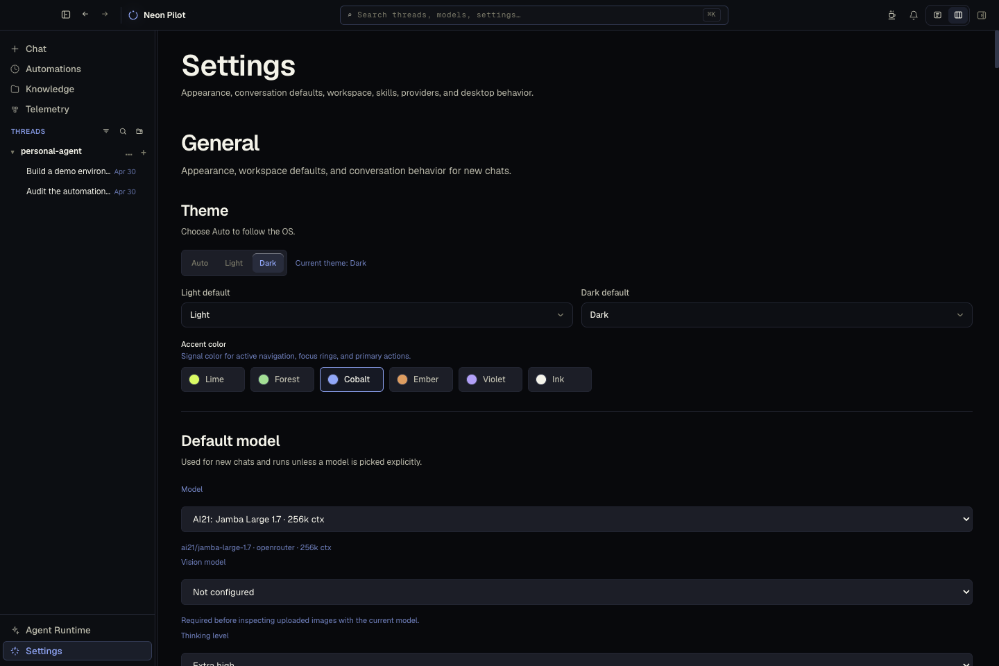 Model provider settings in Neon Pilot.