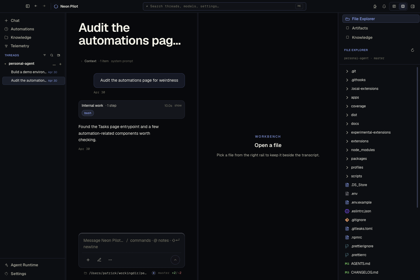 Neon Pilot desktop app showing a local workspace, conversation, workbench, and file explorer.